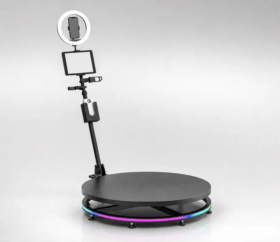 The 360 video booth — rotating camera arm, ring light and guest platform