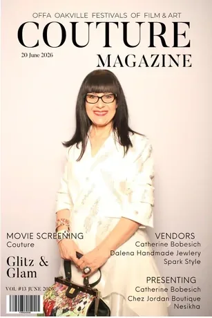 Guest posing on a Couture cover print at the Oakville Festivals activation
