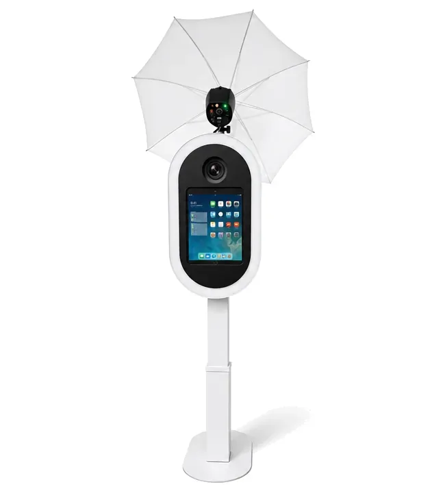The DSLR photo booth tower — camera, studio umbrella strobe and touchscreen